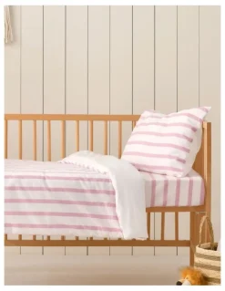 Dreamaker Washed Cotton Yarn Dyed Stripe Cot Quilt Cover Set in Pink Pearl