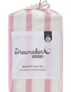 Dreamaker Washed Cotton Yarn Dyed Stripe Cot Quilt Cover Set in Pink Pearl