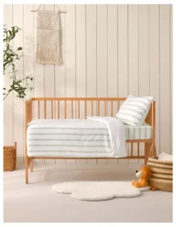 Dreamaker Washed Cotton Yarn Dyed Stripe Cot Quilt Cover Set in Sage