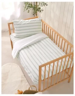 Dreamaker Washed Cotton Yarn Dyed Stripe Cot Quilt Cover Set in Sage