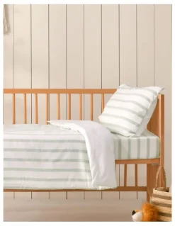 Dreamaker Washed Cotton Yarn Dyed Stripe Cot Quilt Cover Set in Sage