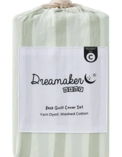 Dreamaker Washed Cotton Yarn Dyed Stripe Cot Quilt Cover Set in Sage