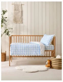 Dreamaker Washed Cotton Yarn Dyed Gingham Quilt Cover Set in Sky Cot