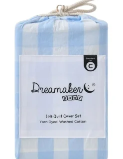 Dreamaker Washed Cotton Yarn Dyed Gingham Quilt Cover Set in Sky Cot