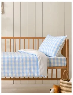 Dreamaker Washed Cotton Yarn Dyed Gingham Quilt Cover Set in Sky Cot