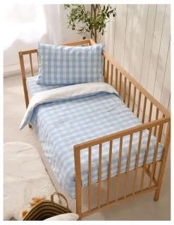 Dreamaker Washed Cotton Yarn Dyed Gingham Quilt Cover Set in Sky Cot