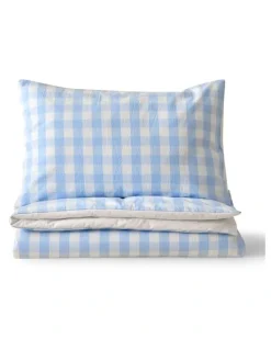 Dreamaker Washed Cotton Yarn Dyed Gingham Quilt Cover Set in Sky Cot