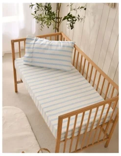 Dreamaker Washed Cotton Yarn Dyed Large Cot Stripe Fitted Sheet Set in Sky