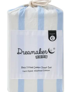 Dreamaker Washed Cotton Yarn Dyed Large Cot Stripe Fitted Sheet Set in Sky