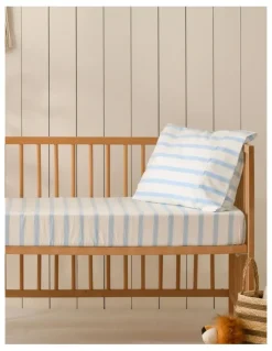 Dreamaker Washed Cotton Yarn Dyed Large Cot Stripe Fitted Sheet Set in Sky