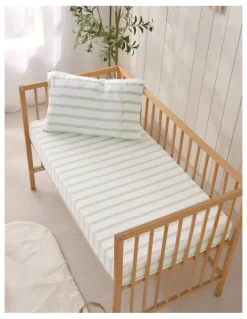 Dreamaker Washed Cotton Yarn Dyed Large Cot Stripe Fitted Sheet Set in Sage