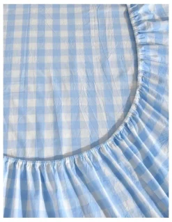 Dreamaker Washed Cotton Yarn Dyed Gingham Large Cot Fitted Sheet Set in Sky