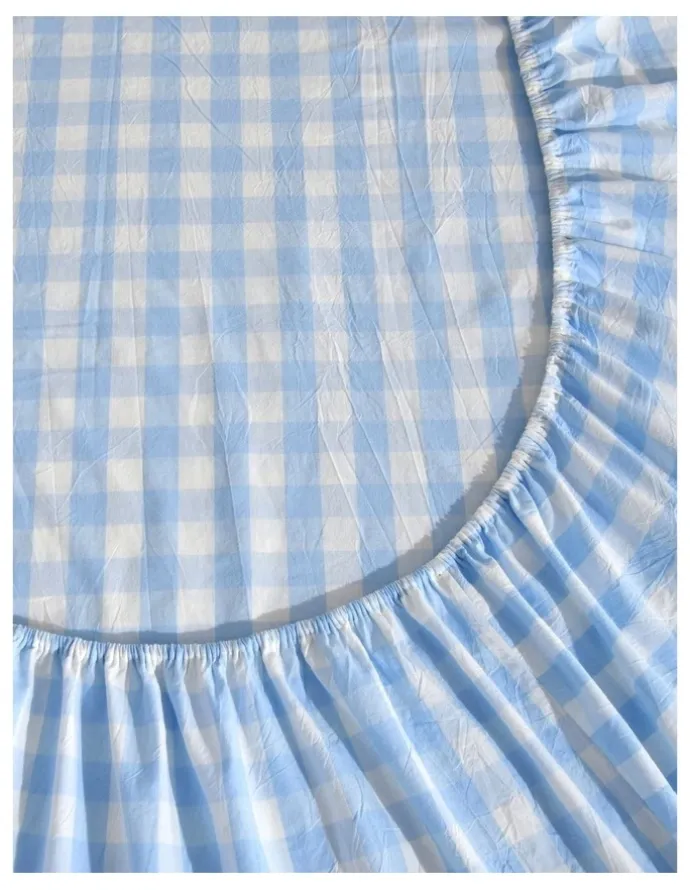 Dreamaker Washed Cotton Yarn Dyed Gingham Large Cot Fitted Sheet Set in Sky