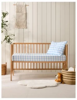 Dreamaker Washed Cotton Yarn Dyed Gingham Large Cot Fitted Sheet Set in Sky
