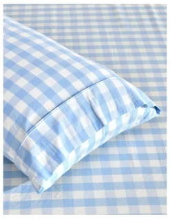 Dreamaker Washed Cotton Yarn Dyed Gingham Large Cot Fitted Sheet Set in Sky