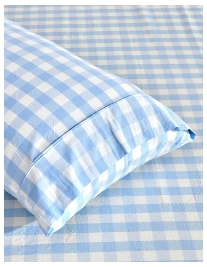 Dreamaker Washed Cotton Yarn Dyed Gingham Large Cot Fitted Sheet Set in Sky