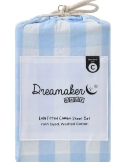 Dreamaker Washed Cotton Yarn Dyed Gingham Large Cot Fitted Sheet Set in Sky