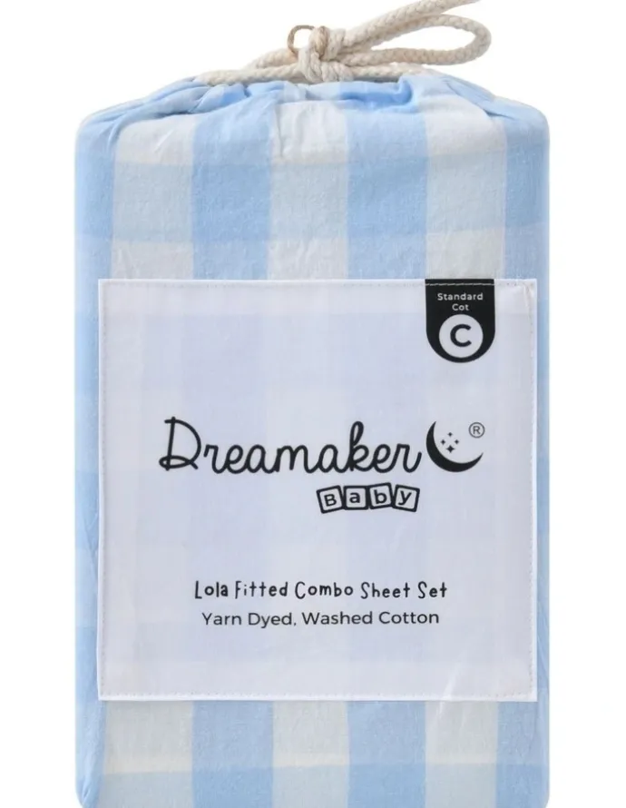 Dreamaker Washed Cotton Yarn Dyed Gingham Large Cot Fitted Sheet Set in Sky