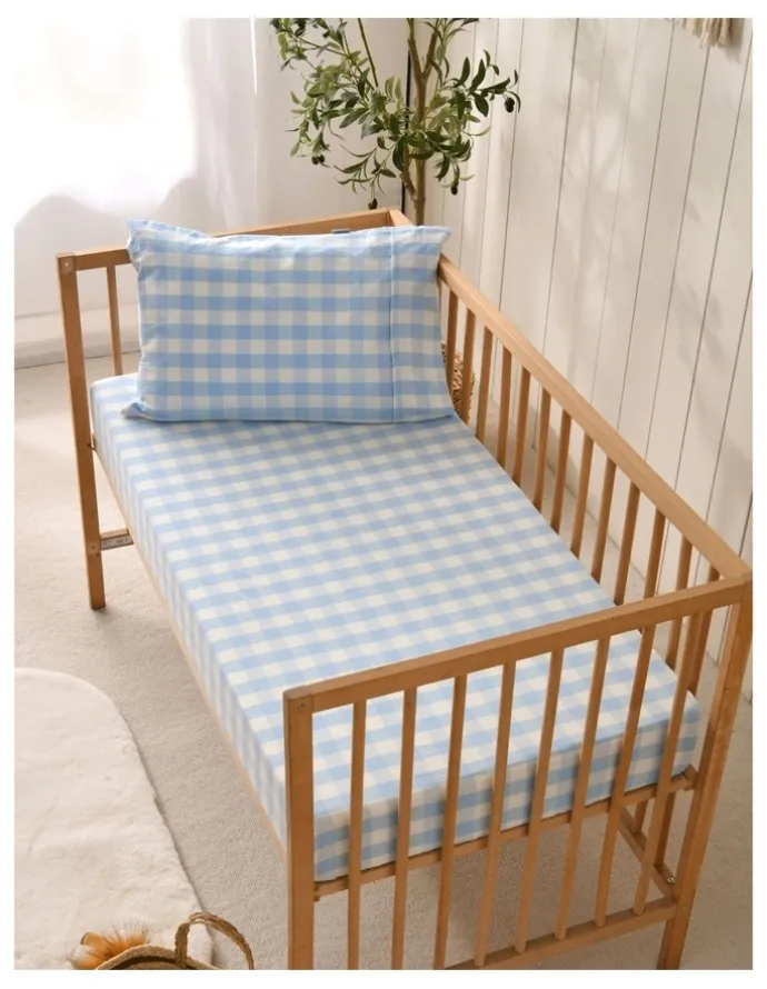 Dreamaker Washed Cotton Yarn Dyed Gingham Large Cot Fitted Sheet Set in Sky