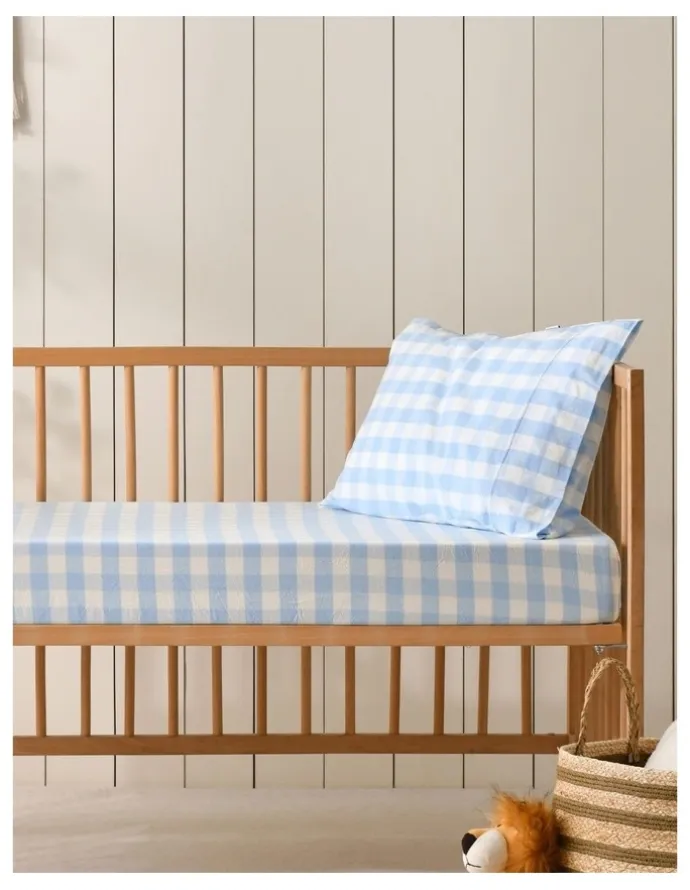 Dreamaker Washed Cotton Yarn Dyed Gingham Large Cot Fitted Sheet Set in Sky