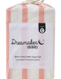 Dreamaker Washed Cotton Yarn Large Cot Dyed Stripe Fitted Sheet Set in Coral