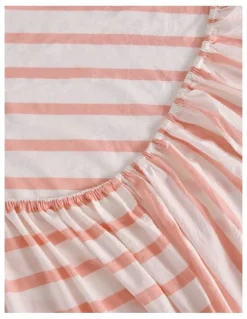 Dreamaker Washed Cotton Yarn Large Cot Dyed Stripe Fitted Sheet Set in Coral