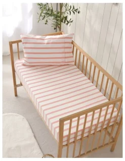 Dreamaker Washed Cotton Yarn Large Cot Dyed Stripe Fitted Sheet Set in Coral