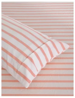 Dreamaker Washed Cotton Yarn Large Cot Dyed Stripe Fitted Sheet Set in Coral