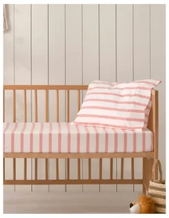 Dreamaker Washed Cotton Yarn Large Cot Dyed Stripe Fitted Sheet Set in Coral