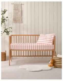 Dreamaker Washed Cotton Yarn Large Cot Dyed Stripe Fitted Sheet Set in Coral