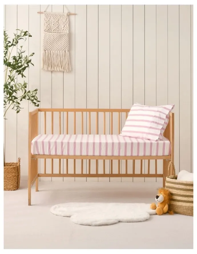 Dreamaker Washed Cotton Yarn Dyed Large Cot Stripe Fitted Sheet Set in Pink Pearl