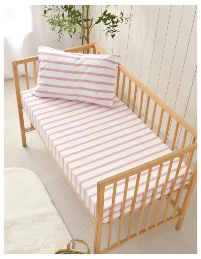 Dreamaker Washed Cotton Yarn Dyed Large Cot Stripe Fitted Sheet Set in Pink Pearl