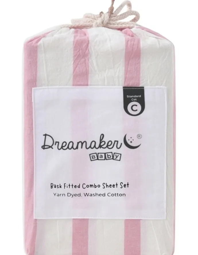 Dreamaker Washed Cotton Yarn Dyed Large Cot Stripe Fitted Sheet Set in Pink Pearl