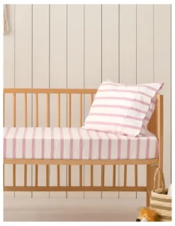 Dreamaker Washed Cotton Yarn Dyed Large Cot Stripe Fitted Sheet Set in Pink Pearl
