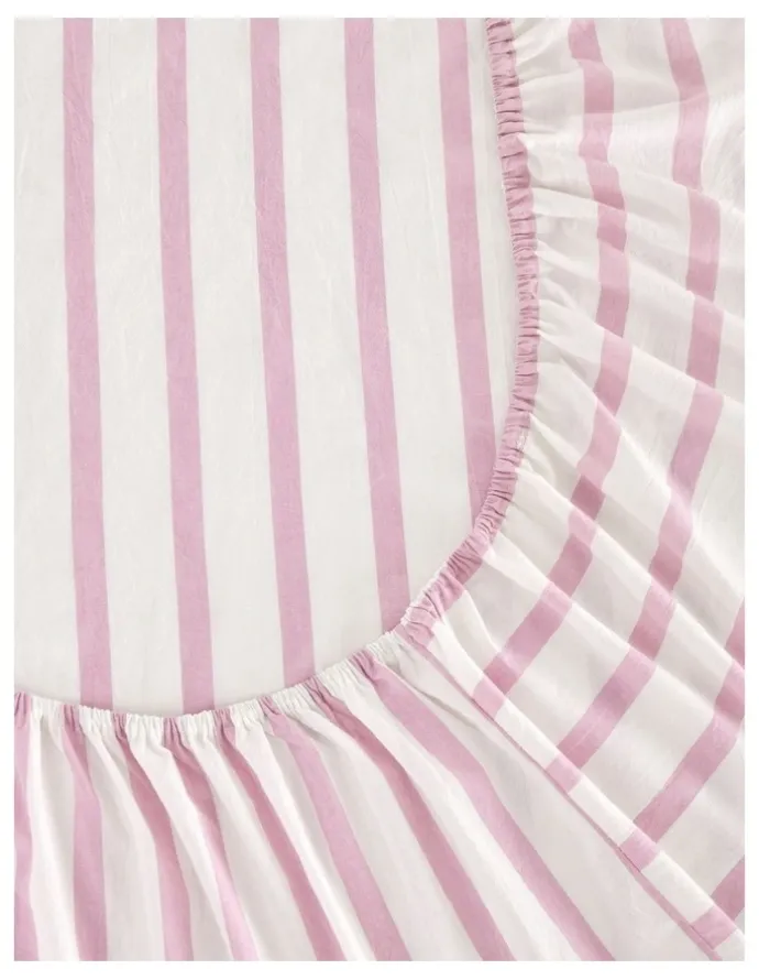 Dreamaker Washed Cotton Yarn Dyed Large Cot Stripe Fitted Sheet Set in Pink Pearl