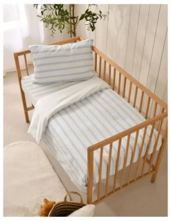 Dreamaker Washed Cotton Yarn Dyed Stripe Cot Quilt Cover Set in Sky