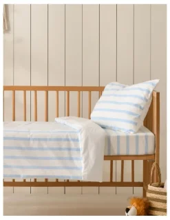 Dreamaker Washed Cotton Yarn Dyed Stripe Cot Quilt Cover Set in Sky