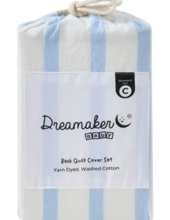 Dreamaker Washed Cotton Yarn Dyed Stripe Cot Quilt Cover Set in Sky