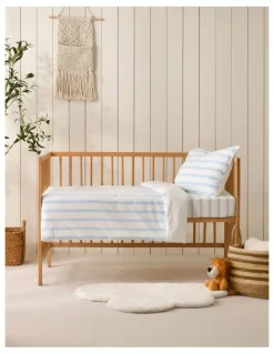 Dreamaker Washed Cotton Yarn Dyed Stripe Cot Quilt Cover Set in Sky