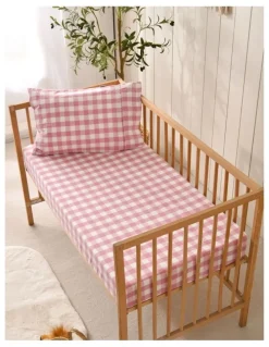 Dreamaker Washed Cotton Yarn Dyed Gingham Fitted Large Cot Sheet Set in Pink Pearl