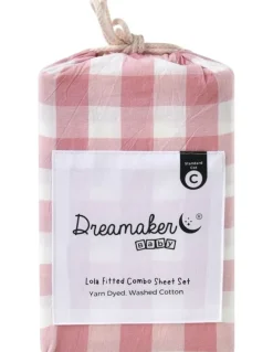 Dreamaker Washed Cotton Yarn Dyed Gingham Fitted Large Cot Sheet Set in Pink Pearl