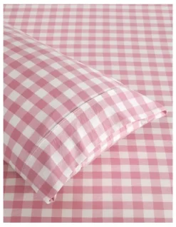 Dreamaker Washed Cotton Yarn Dyed Gingham Fitted Large Cot Sheet Set in Pink Pearl