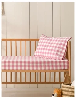 Dreamaker Washed Cotton Yarn Dyed Gingham Fitted Large Cot Sheet Set in Pink Pearl