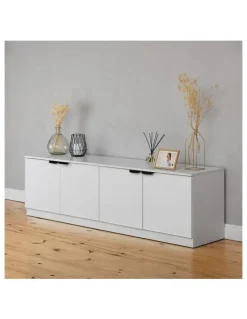 European Cabinetry Bucharest White Slim Panel Tv Unit Black Pull Handle