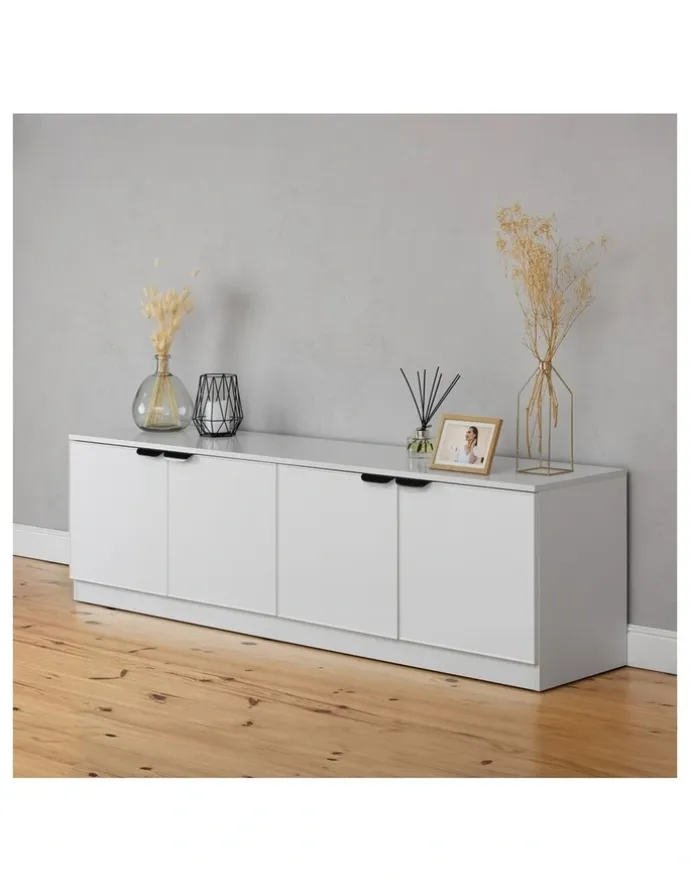 European Cabinetry Bucharest White Slim Panel Tv Unit Black Pull Handle