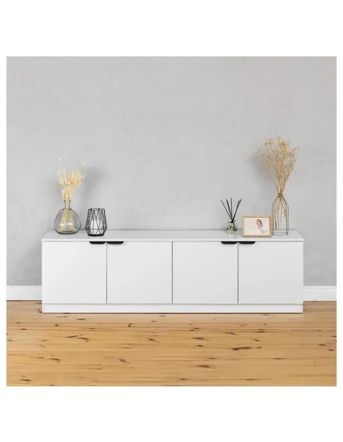 European Cabinetry Bucharest White Slim Panel Tv Unit Black Pull Handle