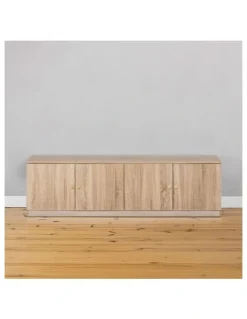 European Cabinetry Bucharest Natural Oak Slim Tv Unit Brass Round Handle