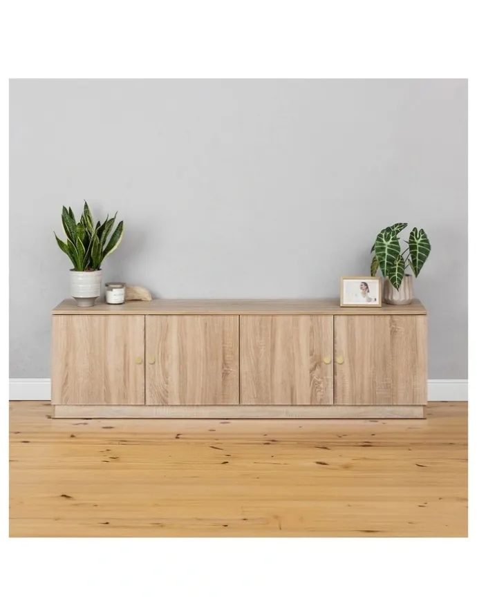 European Cabinetry Bucharest Natural Oak Slim Tv Unit Brass Round Handle