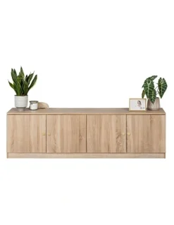 European Cabinetry Bucharest Natural Oak Slim Tv Unit Brass Round Handle