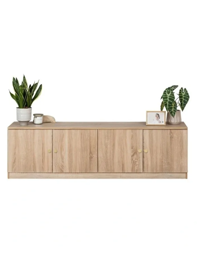 European Cabinetry Bucharest Natural Oak Slim Tv Unit Brass Round Handle
